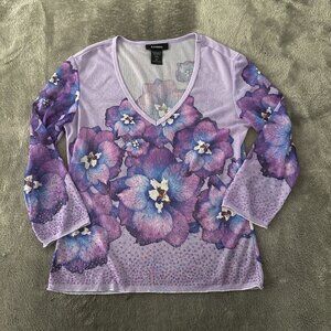Vintage Express Purple Mesh V-Neck Shirt Medium 90s Y2K Floral Fairy Romantic